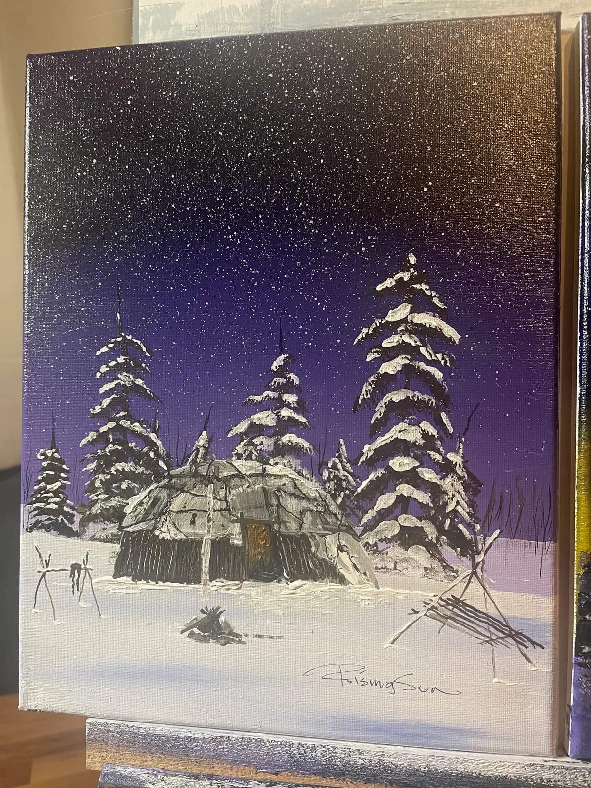 Winter Cabin, artwork by Clarence Rising Sun